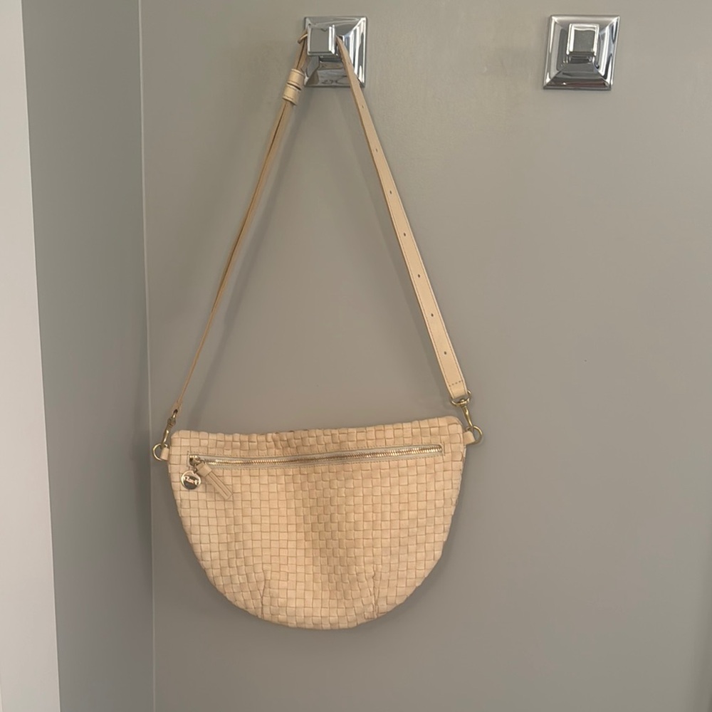 Clare V Grand Fanny in Cream Woven Checker Crossbody Bag with Minimalist Design